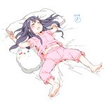  akatsuki_(kantai_collection) alternate_costume barefoot closed_eyes commentary_request drooling gomennasai kantai_collection long_hair lying miss_cloud navel on_back open_mouth pajamas pillow red_ribbon ribbon short_sleeves sleeping solo yellow_ribbon 
