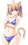  animal_ears bikini blonde_hair blue_bikini blue_eyes breast_rest breasts cat_ears cat_tail medium_breasts original pudding_(tonpuu) smile solo standing swimsuit tail tonpuu twintails 