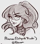  1girl bare_shoulders character_name collarbone earrings grey_background grin hair_between_eyes highres jewelry long_hair looking_at_viewer mole mole_under_mouth necklace octopath_traveler octopath_traveler_i ponytail portrait primrose_azelhart scruffyturtles smile solo 