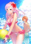  1girl amira_(shingeki_no_bahamut) ball beachball bikini blue_sky bow cloud cloudy_sky cowboy_shot day favaro_leone flower frilled_bikini frills fujino_ko grin hair_flower hair_ornament hibiscus male_swimwear orange_hair outdoors pink_bikini pink_bow pink_eyes pink_hair ponytail scar shingeki_no_bahamut shingeki_no_bahamut:_genesis sky smile splashing swim_trunks swimsuit swimwear tattoo water 