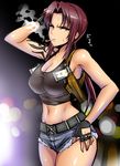  armpits bare_shoulders black_gloves black_lagoon breasts brown_hair cigarette cleavage commentary_request cowboy_shot denim denim_shorts fingerless_gloves gloves groin hair_intakes hand_on_hip highres large_breasts long_hair looking_at_viewer midriff navel okyou ponytail revy_(black_lagoon) short_shorts shorts smoking solo stomach tank_top tattoo yellow_eyes 
