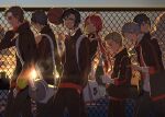  6+boys bag bai_yanfei bandaid bandaid_on_face basketball black_hair blonde_hair blue_eyes brown_hair chain-link_fence fence glasses green_eyes grey_hair han_wenqing imabboy jacket lin_jingyan long_hair male_focus multiple_boys ponytail purple_eyes qin_muyun quanzhi_gaoshou racket red_hair school_uniform song_qiying sunset zhang_jiale zhang_xinjie 