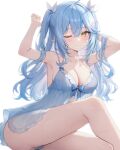  1girl ahoge aria_(ariacue) arm_behind_head armpits arms_up babydoll bare_legs bare_shoulders blue_babydoll blue_bow blue_hair blue_panties blurry blurry_background blush bow breasts cleavage collarbone curtains double-parted_bangs elf feet_out_of_frame hair_between_eyes hair_ribbon highres hololive knee_up large_breasts long_hair looking_at_viewer one_eye_closed panties pointy_ears ribbon simple_background sitting smile solo thighs two_side_up underwear virtual_youtuber white_background white_ribbon window yellow_eyes yukihana_lamy 