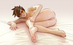  1girl aftersex anus artist_name ass barefoot brown_hair creamsicle cum cum_in_ass feet goggles lipstick looking_at_viewer nail_polish nude overwatch pussy short_hair simple_background solo spiked_hair toenail_polish toes tracer_(overwatch) uncensored 