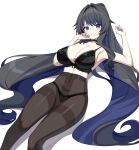  1girl absurdres arm_up armpits bare_arms bare_shoulders black_bra black_choker black_hair black_panties blue_eyes blue_hair bra breasts brown_pantyhose choker cleavage colored_inner_hair commission covered_navel hand_up highres lace-trimmed_bra lace-trimmed_panties lace_trim large_breasts long_hair looking_at_viewer lying mole mole_under_eye multicolored_hair nail_polish on_back original panties pantyhose simple_background solo sweat thighband_pantyhose thighs two-tone_hair underwear very_long_hair w.k white_background 