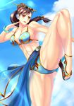  alternate_costume alternate_hairstyle armpits bikini blue_sky bracelet breasts brown_hair chun-li cleavage day eyewear_on_head fighting_stance hair_bun hair_ornament hairpin highres jewelry leg_up muscle muscular_female ponytail ryourou_(edexigerero) sarong sky smile solo street_fighter street_fighter_v sunglasses swimsuit toned 