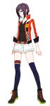  1girl belt black_hair black_shirt black_thighhighs blue_eyes boots full_body imabboy jacket looking_at_viewer open_clothes open_jacket quanzhi_gaoshou shirt short_hair short_shorts shorts simple_background solo standing tang_rou thighhighs white_background white_shorts 