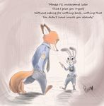  anthro canine carrot clothed clothing colored disney duo english_text food fox fur judy_hopps lagomorph male mammal nick_wilde police_uniform rabbit rem289 size_difference text uniform vegetable zootopia 