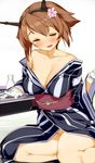  blush breasts brown_eyes brown_hair cleavage collarbone commentary drunk fang flower gloves hair_flower hair_ornament hairband headgear indoors japanese_clothes kaisen_chuui kantai_collection kimono large_breasts long_sleeves mutsu_(kantai_collection) no_panties obi off_shoulder sash short_hair sitting solo striped striped_kimono tokkuri white_gloves wide_sleeves yokozuwari yukata 