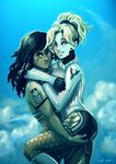  ass_grab bike_shorts black_gloves black_hair blonde_hair blue_eyes casual colorzblind commentary dark_skin eye_of_horus facial_tattoo gloves grabbing_another's_ass groping hair_tubes highres hug interracial lips long_hair looking_at_viewer mercy_(overwatch) multiple_girls overwatch pantyhose pharah_(overwatch) ponytail ribbed_sweater shirt smile sweater t-shirt tattoo yuri 