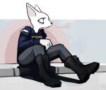 2024 4chan_anon anthro black_boots black_clothing black_footwear black_nose blue_clothing blue_topwear blue_vest boots bottomwear bulletproof_vest cel_shading cigarette closed_smile clothed clothing digital_media_(artwork) domestic_cat eloisa english_text eye_bags eyelashes felid feline felis female fingers footwear full-length_portrait fully_clothed fur grey_bottomwear grey_clothing grey_pants happy holding_cigarette holding_object mammal mouth_closed pants police police_officer police_uniform portrait pupils shaded shadow shoes sitting slit_pupils smile smoke smoking snout solo text three-quarter_view topwear uniform vest white_body white_fur