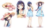  ;) back blue_hair blush bow braid brown_eyes casual dress from_behind hand_on_headwear hat hat_bow highres jewelry long_hair looking_at_viewer love_live! love_live!_school_idol_project multiple_views necklace one_eye_closed print_dress sheska_xue shoes simple_background single_braid sky_print smile sonoda_umi standing sun_hat white_background 