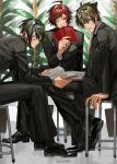  3boys :p absurdres ahoge aqua_eyes black-framed_eyewear black_hair black_jacket black_pants black_shoes blue_eyes book brown_hair checkered_necktie closed_mouth commentary_request crossed_legs dated fingernails full_body glasses grey_shirt hair_between_eyes highres holding holding_book idolmaster idolmaster_side-m jacket kashiwagi_tsubasa looking_at_viewer male_focus multiple_boys nana_tetra necktie on_chair one_eye_closed open_book open_clothes open_jacket pants parted_lips plant red_eyes red_hair sakuraba_kaoru semi-rimless_eyewear shirt shoes short_hair sitting smile teeth tendo_teru tongue tongue_out twitter_username white_background 