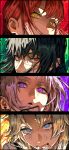  4girls absurdres biting_own_finger black_hair blue_eyes chainsaw_man earrings erupusai2 eye_focus fami_(chainsaw_man) highres jewelry long_hair looking_at_viewer makima_(chainsaw_man) multicolored_eyes multiple_girls pink_hair portrait purple_eyes red_eyes red_hair ringed_eyes scar scar_on_face sidelocks tears white_hair white_haired_girl_(chainsaw_man) yellow_eyes yoru_(chainsaw_man) 