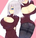  ass blue_eyes breasts cleavage fujimiya_yahiro hair_over_one_eye hamakaze_(kantai_collection) kantai_collection large_breasts multiple_views panties panties_under_pantyhose pantyhose short_hair silver_hair thighband_pantyhose underwear 