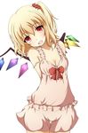  :d bare_shoulders blonde_hair bloomers blush bra breasts camisole cleavage collarbone cowboy_shot enushi_(toho193) eyebrows eyebrows_visible_through_hair fangs flandre_scarlet head_tilt highres looking_at_viewer neats one_side_up open_mouth red_eyes simple_background small_breasts smile solo strap_slip touhou underwear underwear_only white_background white_bloomers white_bra wings 