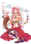  1girl arabian_clothes bare_shoulders blue_eyes breasts earrings flower hair_ornament imabboy jewelry long_hair looking_at_viewer midriff navel original pink_hair simple_background sitting smile smoke solo veil white_background 