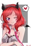  ;p bad_id bad_pixiv_id bare_shoulders blush bracelet breasts cleavage fake_horns hairband heart highres horns jewelry looking_at_viewer love_live! love_live!_school_idol_project medium_breasts nishikino_maki one_eye_closed purple_eyes red_hair rinnnnnnnnnko30 short_hair smile solo tongue tongue_out 