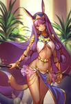  bracelet breasts dark_skin egyptian egyptian_clothes fate/grand_order fate_(series) highres jewelry light_smile long_hair looking_at_viewer low-tied_long_hair medium_breasts midriff navel nitocris_(fate/grand_order) purple_eyes purple_hair solo staff thighs underboob very_long_hair wide_hips yoshimo_(yoshimo1516) 