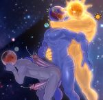 absurd_res big_penis blue_body bodily_fluids cum deuzion duo earth flushed from_behind_position genital_fluids genitals grey_body group hi_res holding_head in_space male moon penis planet precum sex solo sun trio yellow_body