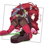  ? akiot all_fours antenna_hair ass big_hair blush_stickers bow capelet claw_(weapon) crawling doll_joints dress drill_hair from_behind hair_bow hairband high_heels highres long_hair long_sleeves looking_at_viewer looking_back micha_jawkan multicolored_hair pale_skin pink_hair profile red_eyes red_hair ribbon senki_zesshou_symphogear shoes solo twin_drills twintails two-tone_hair very_long_hair weapon white_background 