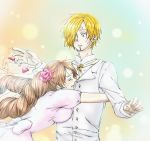  1boy 1girl blonde_hair brown_hair charlotte_pudding dress long_hair one_piece sanji twintails wedding_dress 