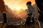  1boy 2others bird black_gloves black_hair black_pants blurry cloud fingerless_gloves gloves grass imabboy male_focus mountain multiple_others naruto naruto_(series) ninja out_of_frame outdoors pants scenery shirt short_hair short_sleeves sky solo_focus standing sunset sword uchiha_sasuke weapon 