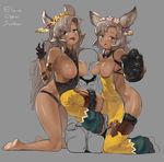  2girls animal_ears barefoot between_breasts black_gloves black_panties blush breasts breasts_apart breasts_outside cat_paws commentary_request dark_skin erune fang gloves granblue_fantasy green_eyes grey_background grey_hair hair_ornament head_wreath highleg highleg_panties hishigata kneeling large_breasts legs_folded long_hair looking_at_viewer melleau multiple_girls nemone nipples open_mouth panties paws siblings simple_background sisters sketch smile underwear 