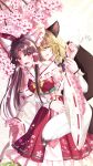  2girls :p animal_ear_fluff animal_ears blonde_hair blush bow bowtie braid breasts brown_hair cherry_blossoms commentary_request detached_sleeves embellished_costume fang flower fox_ears fox_girl fox_tail frilled_bow frilled_hair_tubes frills hair_bow hair_tubes hakurei_reimu highres holding_another&#039;s_wrist hug hug_from_behind kemonomimi_mode kirisame_marisa long_hair long_sleeves mito_(fate) multiple_girls no_headwear open_mouth pink_flower purple_bow red_bow red_eyes red_nails red_skirt ribbon-trimmed_sleeves ribbon_trim side_braid signature single_braid skirt skirt_set smile tail tongue tongue_out touhou yellow_bow yellow_bowtie yellow_eyes yuri 