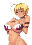  armband bikini_top blonde_hair blue_eyes blush breasts cleavage closed_mouth collar collarbone colored_eyelashes covered_nipples dark_skin eyebrows eyebrows_visible_through_hair frown fuya_(tempupupu) hands_on_own_chest large_breasts looking_down mito_ikumi navel out-of-frame_censoring shokugeki_no_souma short_hair skindentation solo stomach sweatdrop upper_body wristband 