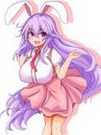  :d animal_ears apron bangs breasts bunny_ears commentary_request cowboy_shot crescent drop_shadow hair_between_eyes hanging_breasts highres huge_breasts lavender_hair leaning_forward long_hair looking_at_viewer necktie open_mouth pink_apron pink_eyes puffy_short_sleeves puffy_sleeves red_neckwear reisen_udongein_inaba shirt short_sleeves smile solo sprout_(33510539) touhou underbust very_long_hair waitress white_shirt 
