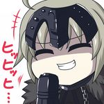  ahoge armor armored_dress blonde_hair chain chibi closed_eyes commentary_request eyebrows eyebrows_visible_through_hair fate/grand_order fate_(series) headpiece headwear jeanne_d'arc_(alter)_(fate) jeanne_d'arc_(fate)_(all) nishi_koutarou simple_background smirk solo upper_body white_background 