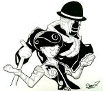  1boy 1other afro arm_up black_coat black_shirt bowler_hat cane cellphone coat gloves greyscale hat headphones highres holding holding_cane holding_phone jojo_no_kimyou_na_bouken jojo_pose jojolion monochrome phone scarf seba7x3seba7x shirt smartphone stand_(jojo) stuffed_animal stuffed_toy teddy_bear tooru_(jojolion) white_sleeves wonder_of_u 