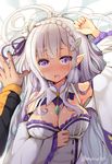  bare_shoulders blush braid breasts cleavage detached_collar detached_sleeves dress elf emilia_(re:zero) flower frilled_sleeves frills hair_flower hair_ornament hair_ribbon large_breasts long_hair looking_at_viewer lying mori_airi on_back open_mouth out_of_frame pointy_ears pov pov_hands purple_eyes re:zero_kara_hajimeru_isekai_seikatsu ribbon silver_hair solo_focus sweat twitter_username 