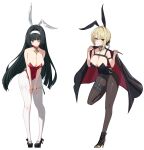  2girls absurdres animal_ears astra_yao bare_arms bare_shoulders beads belt black_choker black_coat black_hair black_leotard black_shoes blonde_hair breasts brooch brown_pantyhose chest_harness choker cleavage coat coat_on_shoulders collarbone covered_navel detached_collar evelyn_chevalier fake_animal_ears hairband hands_on_own_thighs hands_up harness high_heels highres holding holding_knife jewelry knife large_breasts leg_up leotard long_hair looking_at_viewer multiple_girls one_eye_closed pantyhose playboy_bunny purple_eyes rabbit_ears red_choker red_eyes red_leotard shoes simple_background strapless strapless_leotard thigh_belt thigh_strap very_long_hair w.k white_background white_pantyhose zenless_zone_zero 