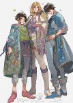  3boys absurdres akizuki_ryo androgynous antenna_hair ascot bag belt blonde_hair blue_ascot blue_boots blue_eyes blue_jacket blue_pants blue_ribbon blue_vest boots bow bracelet brown_eyes brown_hair checkered_clothes checkered_vest collarbone colored_inner_hair commentary_request cropped_jacket crown_ornament full_body gradient_robe green_eyes green_hair green_ribbon green_shirt grey_bow grey_pants hair_between_eyes hair_bow handbag highres holding idolmaster idolmaster_side-m jacket jacket_on_shoulders jewelry kashiwagi_tsubasa knee_boots long_hair looking_at_viewer male_focus multicolored_hair multiple_boys nana_tetra necktie pants parted_lips pink_belt pink_necktie pink_shoes purple_sweater ribbon robe shirt shoes short_hair simple_background smile sweater teeth thigh_belt thigh_strap tongue tongue_out translation_request tsuzuki_kei twitter_username two-tone_hair vest white_background white_boots white_jacket white_pants white_robe yellow_bow 