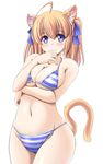  animal_ears bikini blonde_hair blue_eyes breast_rest breasts cat_ears cat_tail medium_breasts original pudding_(tonpuu) smile solo standing striped striped_bikini swimsuit tail tonpuu twintails 