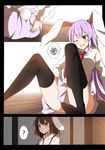  ? animal_ears black_hair black_legwear blush bunny_ears bunny_tail collared_shirt comic inaba_tewi lavender_hair long_hair miniskirt multiple_girls necktie one_eye_closed open_mouth pain pleated_skirt puddle reisen_udongein_inaba rubbing shirt short_hair sitting skirt spoken_question_mark spoken_squiggle squiggle tail thighhighs tie_clip touhou upskirt wavy_mouth wooden_floor xialuluo_(sharuro) 