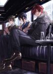  3boys absurdres ahoge alcohol black_hair black_jacket black_pants blue_eyes blue_jacket blue_necktie blue_shirt brown_hair brown_jacket brown_shoes building champagne checkered_necktie closed_mouth commentary_request couch crossed_legs cup drinking_glass feet_out_of_frame full_body hair_between_eyes hand_on_own_neck hashtag-only_commentary highres holding holding_cup idolmaster idolmaster_side-m indoors jacket kashiwagi_tsubasa looking_at_viewer male_focus multiple_boys nana_tetra necktie on_couch pants parted_lips purple_socks red_eyes red_hair red_necktie sakuraba_kaoru shirt shoes sitting smile socks striped_clothes striped_jacket teeth tendo_teru white_shirt wine_glass 