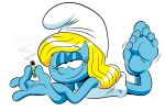 4_toes barefoot big_feet blonde_hair blue_body blue_skin clothing deepcreases drugs feet female hair half-closed_eyes hat headgear headwear hi_res humanoid marijuana narrowed_eyes smoking smurf smurfette solo the_smurfs toes