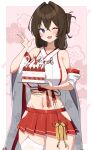  1girl absurdres bare_shoulders blue_eyes breasts brown_hair cake cake_slice commission cowboy_shot crop_top food garter_straps half_updo hand_up highleg highres hip_vent holding jacket large_breasts long_hair looking_at_viewer midriff miniskirt navel nontraditional_miko off_shoulder one_eye_closed open_clothes open_jacket open_mouth original panty_straps pleated_skirt red_skirt shirt sideboob single_garter_strap single_thighhigh skindentation skirt sleeveless sleeveless_shirt smile solo standing stomach takamiya_keika thighhighs v w.k white_jacket white_shirt white_thighhighs wide_sleeves 