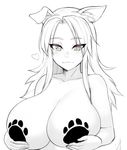  animal_ears blush borrowed_character breast_hold breasts dog_ears ego_trigger eyebrows forehead greyscale heart huge_breasts lass_(ego_trigger) long_hair monochrome nude original pasties paw_print razalor sketch solo upper_body 