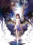  barefoot brown_hair commentary deemo dress full_body girl_(deemo) highres light long_hair looking_at_viewer magnolia_(deemo) ripples sishenfan solo wings 