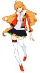  1girl ahoge black_skirt brown_eyes choker full_body imabboy jacket jewelry long_hair looking_at_viewer miniskirt orange_eyes orange_hair pleated_skirt quanzhi_gaoshou shoes simple_background skirt smile solo su_mucheng thighhighs very_long_hair white_background white_thighhighs 