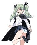  anchovy anzio_school_uniform ass bare_legs black_ribbon black_skirt blush brown_eyes cape commentary_request drill_hair from_behind girls_und_panzer green_hair hair_ribbon highres hiroyuki loafers long_hair long_sleeves looking_back md5_mismatch no_legwear no_socks open_mouth panties ribbon shirt shoes skirt solo striped striped_panties sweat twin_drills twintails underwear white_shirt 