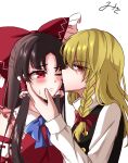  2girls black_vest blonde_hair blue_bow blue_bowtie bow bowtie brown_hair closed_mouth commentary_request detached_sleeves frilled_bow frilled_hair_tubes frills hair_bow hair_tubes hakurei_reimu hands_on_another&#039;s_cheeks hands_on_another&#039;s_face imminent_kiss kirisame_marisa long_hair long_sleeves looking_at_viewer mito_(fate) multiple_girls no_headwear one_eye_closed red_bow red_eyes ribbon-trimmed_sleeves ribbon_trim sideways_glance signature simple_background sweatdrop touhou vest white_background yuri 