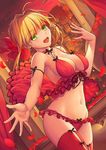  adapted_costume ahoge babydoll blonde_hair breasts dutch_angle fate/extra fate_(series) green_eyes highres lingerie medium_breasts navel nero_claudius_(fate) nero_claudius_(fate)_(all) open_mouth panties petals red red_legwear red_panties rose_petals smile solo tsuki_suigetsu underwear 