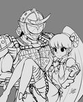  1girl absurdres aino_megumi airisubaka armor blush carrying crossover cure_lovely dress greyscale happinesscharge_precure! helmet highres kamen_rider kamen_rider_gaim kamen_rider_gaim_(series) lineart long_hair monochrome ponytail precure princess_carry wide_ponytail 