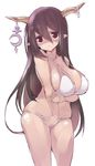  absurdres bad_id bad_pixiv_id bangs bikini breasts cleavage crescent danua draph granblue_fantasy groin hair_between_eyes highres horn_ornament horns large_breasts long_hair looking_at_viewer parted_lips pointy_ears purple_hair red_eyes shiroie_mika simple_background solo swimsuit thighs white_background white_bikini 