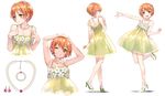  :t ;d bare_shoulders casual dress earrings flower grin high_heels highres hoshizora_rin jewelry love_live! love_live!_school_idol_project multiple_views necklace one_eye_closed open_mouth orange_hair sheska_xue short_hair smile 